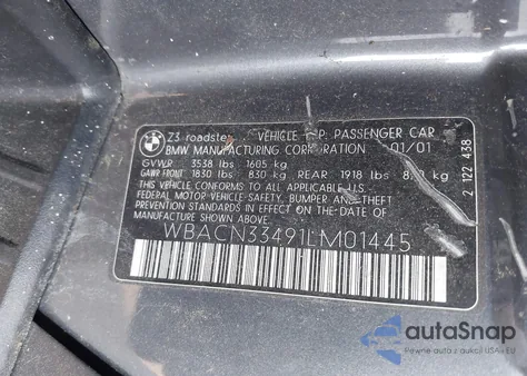 2001 BMW Z3 2.5I из США, поврежденный, VIN WBACN33491LM01445